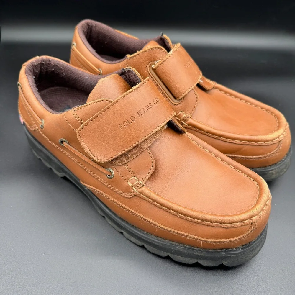 Polo Jeans Co Ralph Lauren Mens 11D Tan Leather Boat Shoes Hook Loop Strap